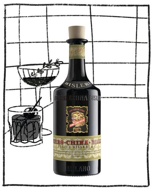 Bottle of Bisleri Negroni with cocktail illustrations on a grid background