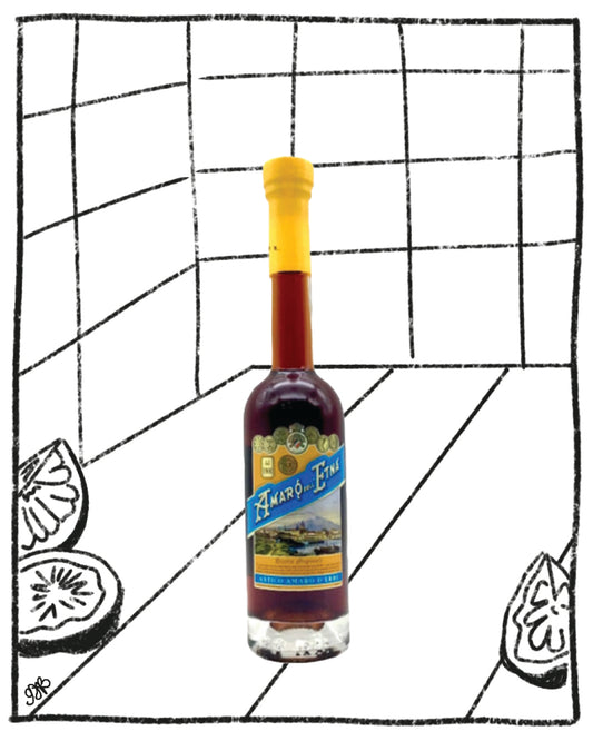 Bottle of syrup with a colorful label on a grid background