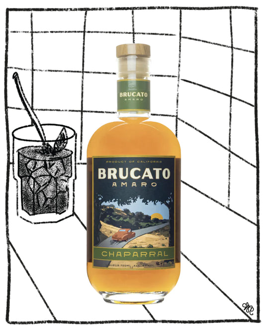 Brucato Amaro bottle with a glass of cocktail on a black and white grid background