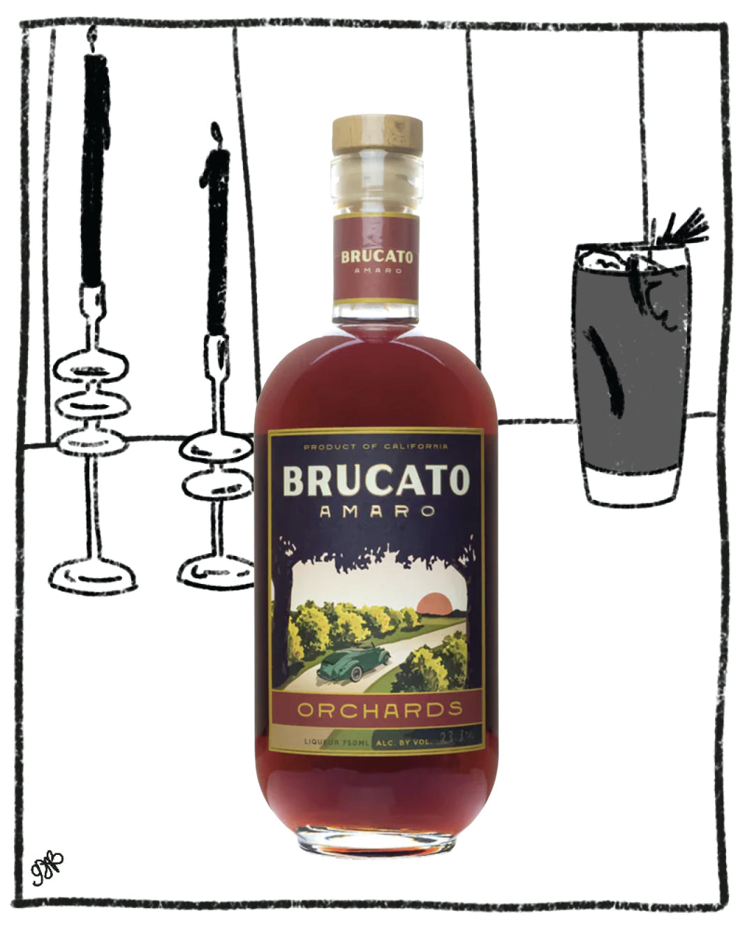 Bottle of Brucato Amaro with a black and white illustration of a bar setting in the background