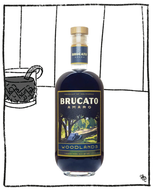 Brucato Amaro Woodlands bottle with a black and white illustration of a forest in the background