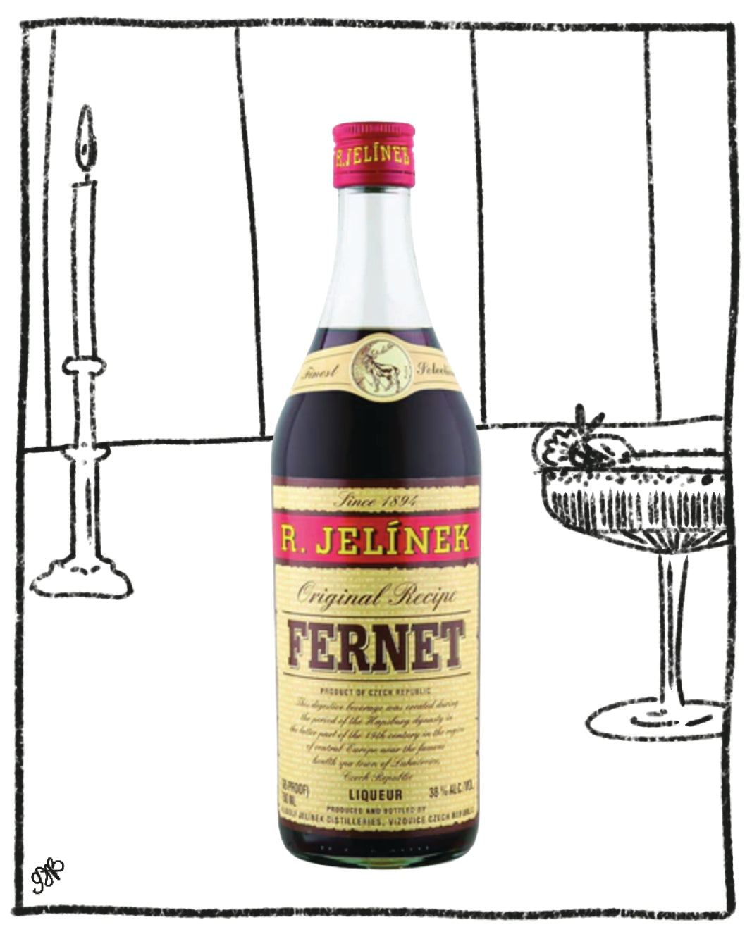 Fernet bottle with colorful label against a black and white drawing background