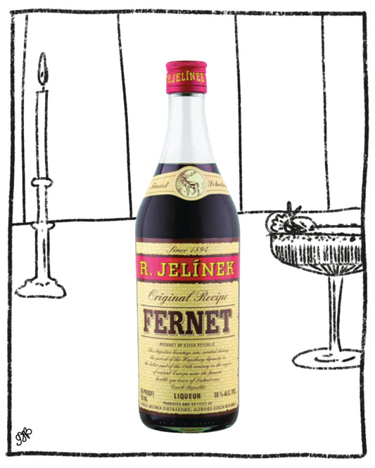 Fernet bottle with colorful label against a black and white drawing background