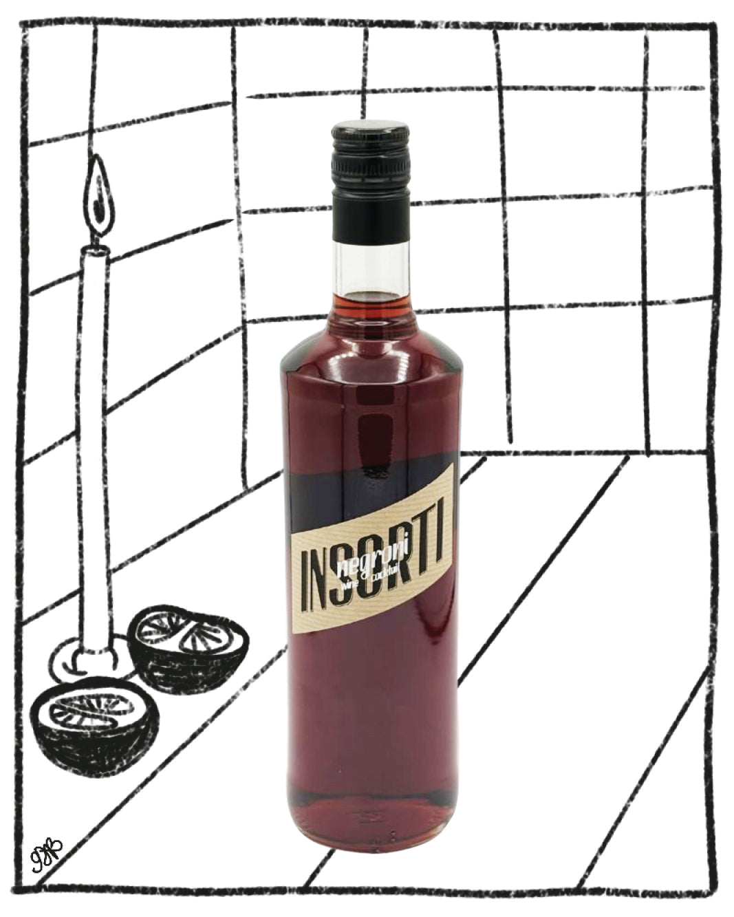 Bottle of Insorti with a candle and bowls on a grid background
