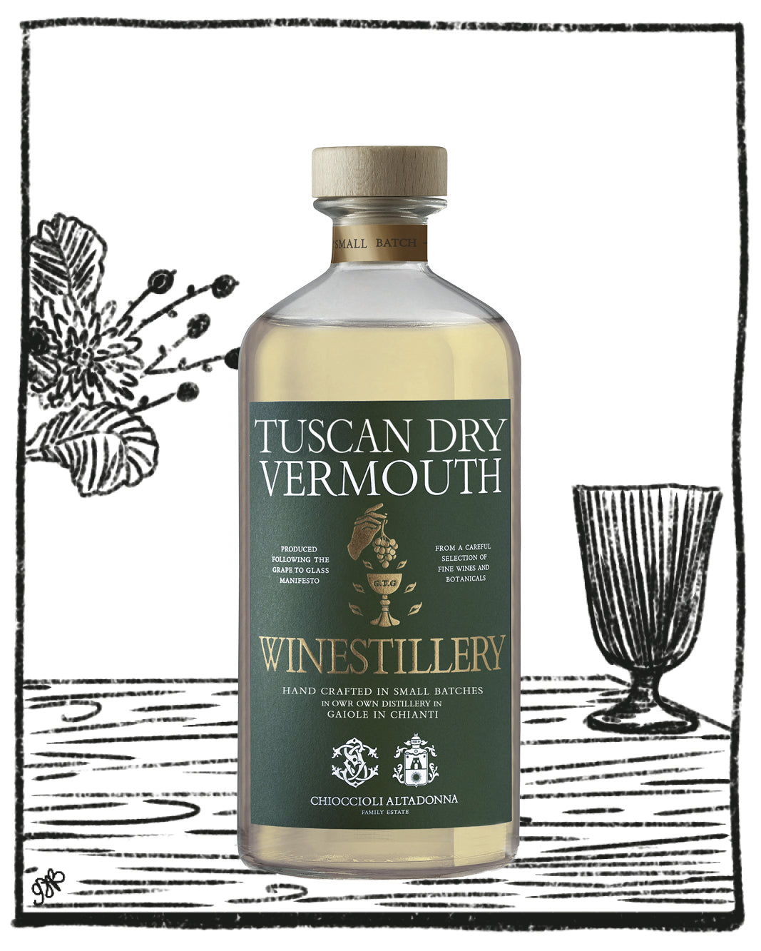Bottle of Tuscan Dry Vermouth with green label on a white background