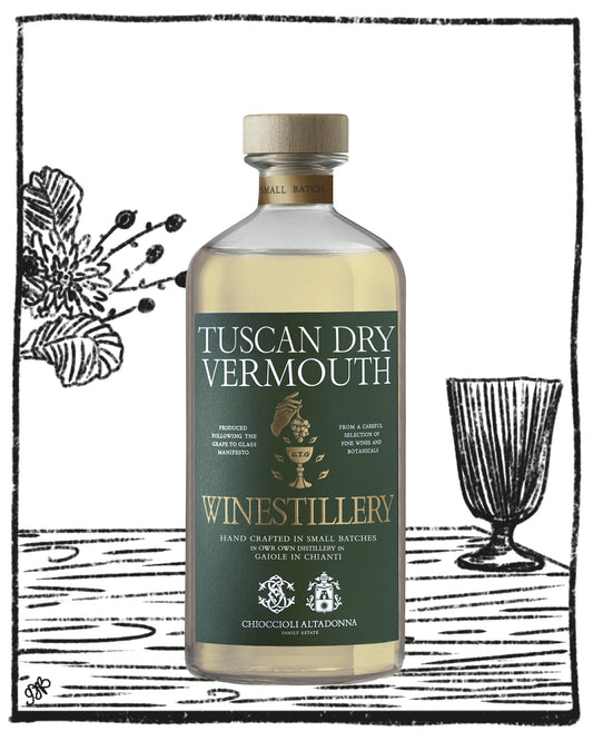 Bottle of Tuscan Dry Vermouth with green label on a white background