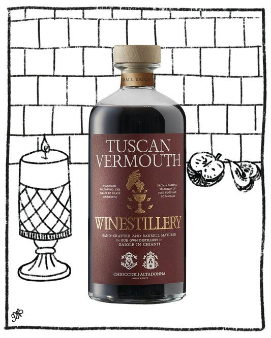 Bottle of Tuscan Vermouth from Winestillery with a decorative background