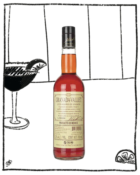 Bottle of Gran Da Vallet liquor with a cocktail glass illustration on a white background