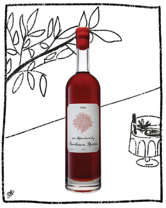 Bottle of red wine with a label on a white background