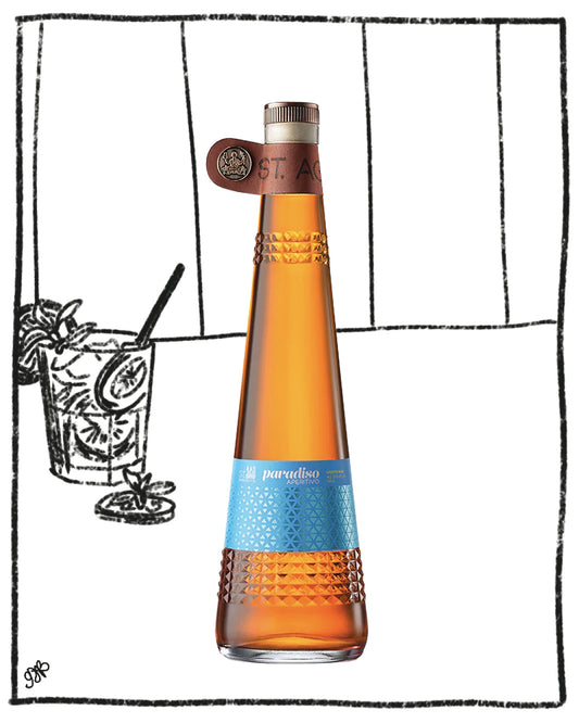 Bottle of La Perla rum with a cocktail illustration in the background