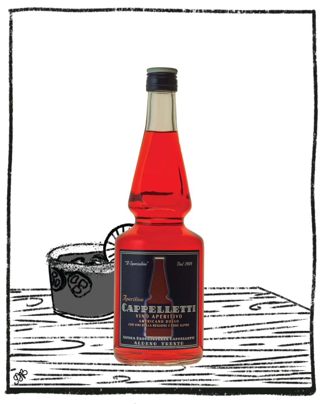 Red bottle of Cappelletto Vermouth on a white background