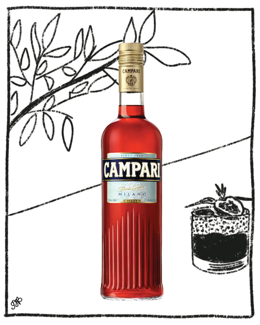 Campari bottle with a black and white illustration of an olive and cocktail in the background