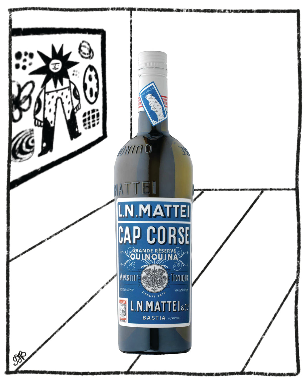 Bottle of L.N Mattei Cap Corse wine with a blue label on a white background