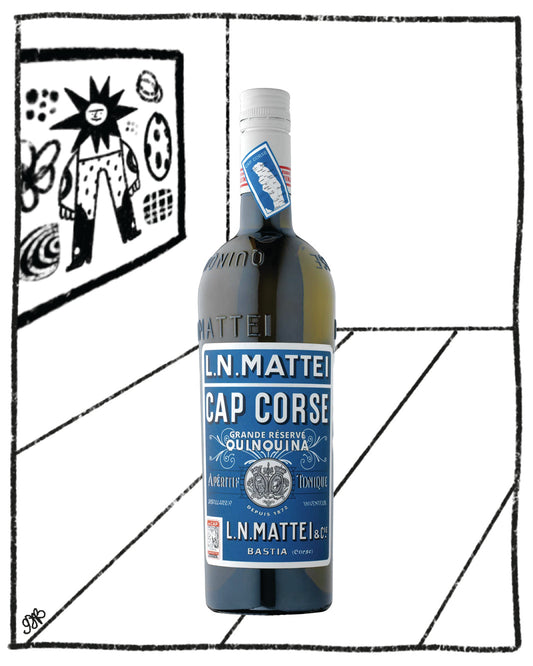 Bottle of L.N Mattei Cap Corse wine with a blue label on a white background