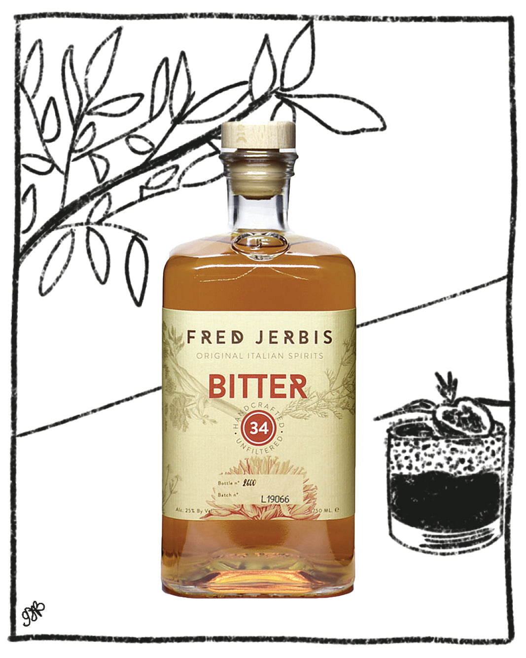 Bottle of Fred Jerbis Bitter 34 with a decorative background