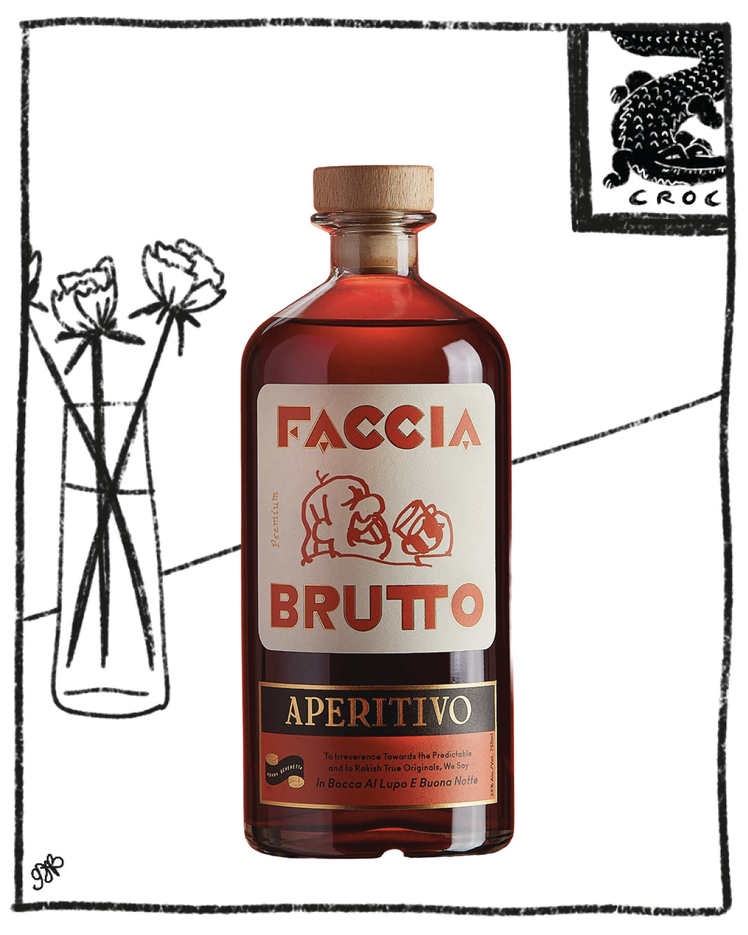 Bottle of Faccia Brutto Aperitivo with decorative elements on a white background