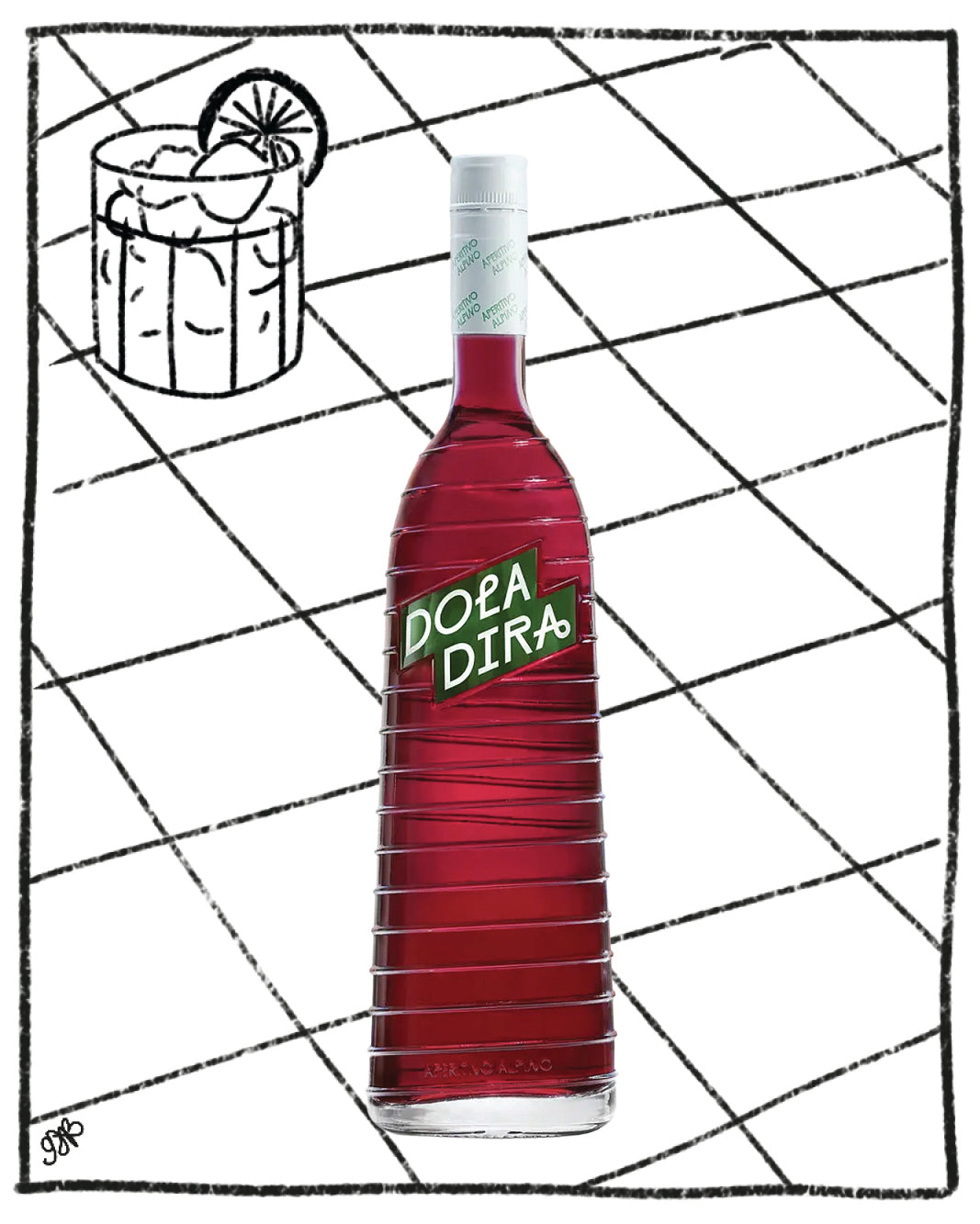 Bottle of Dora Dira with a cocktail illustration on a grid background
