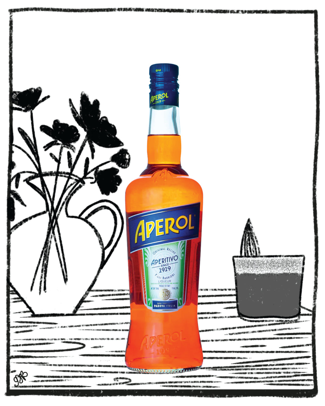 Aperol bottle on a table with a black and white illustration of flowers and a candle in the background