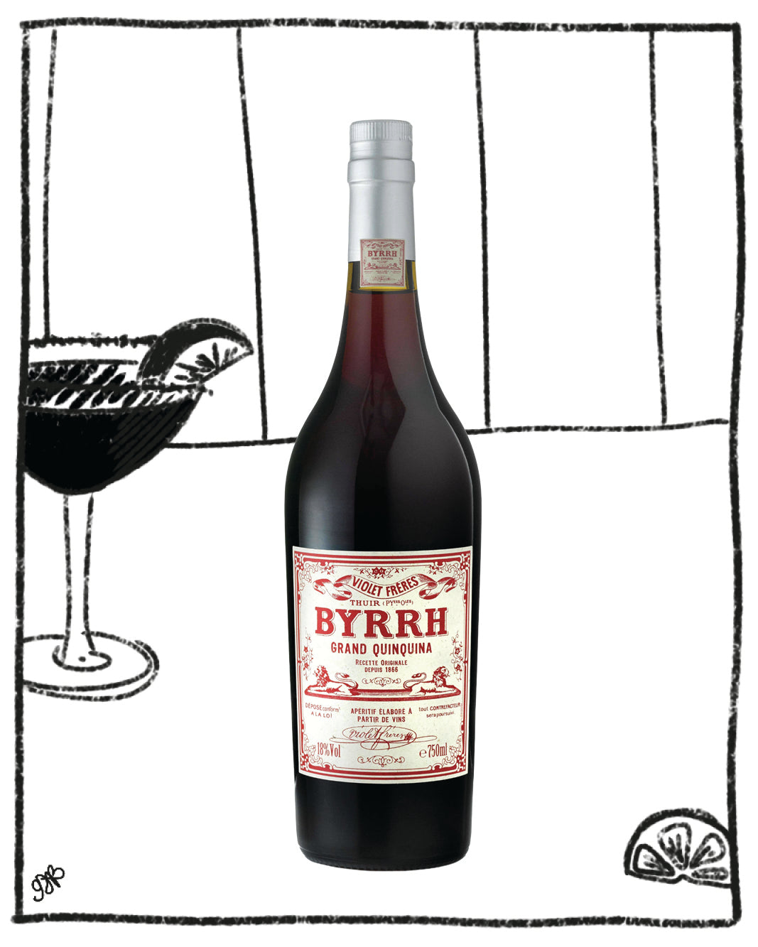 Byrrh Grand Quinquina bottle with a red label on a white background