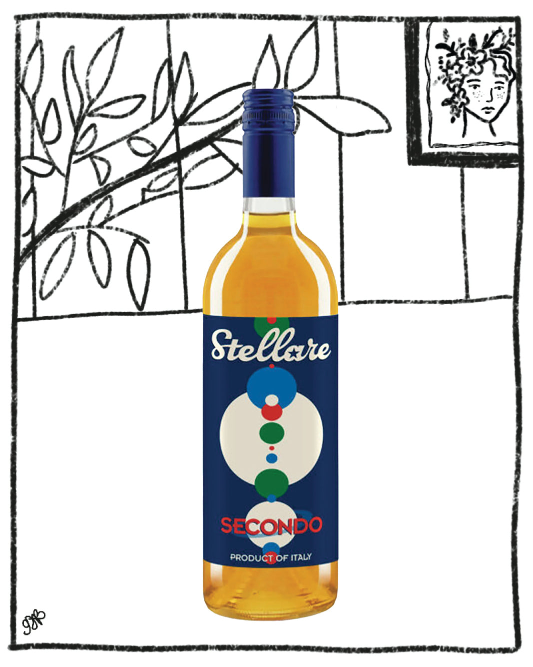 Wine bottle with blue label featuring 'Stellare Secondo' on a white background with black line art.