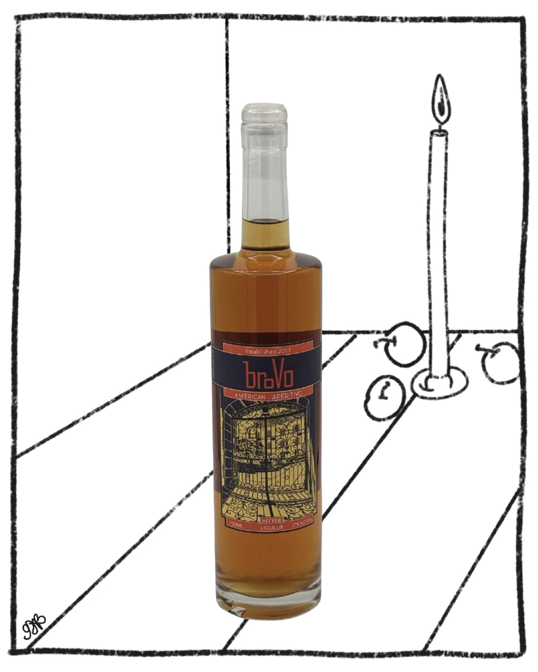 Bottle of Brava rum with a candle and fruit illustration on a white background