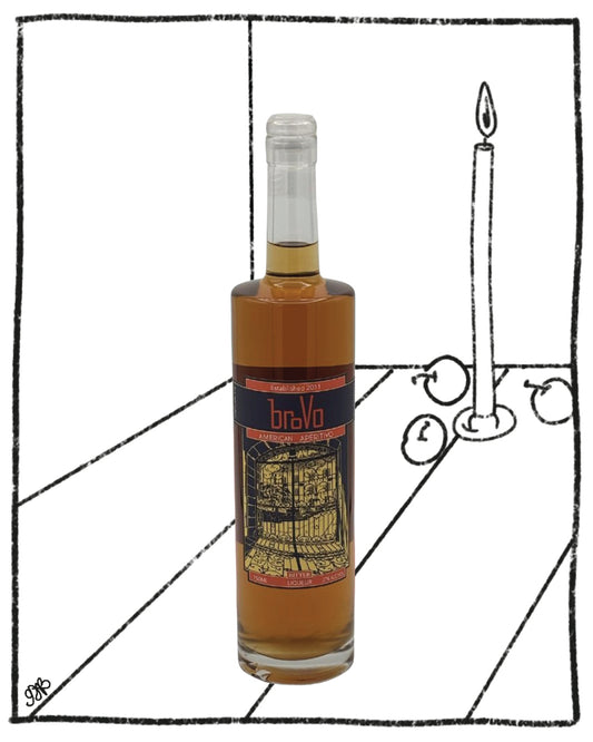 Bottle of Brava rum with a candle and fruit illustration on a white background