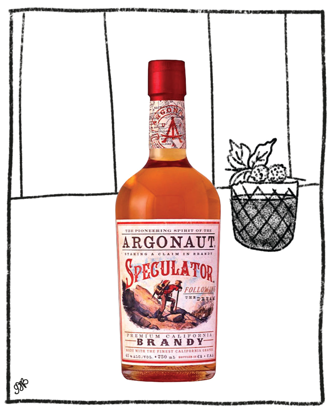 Bottle of Argonaut Speculator Brandy with a pineapple illustration on a white background