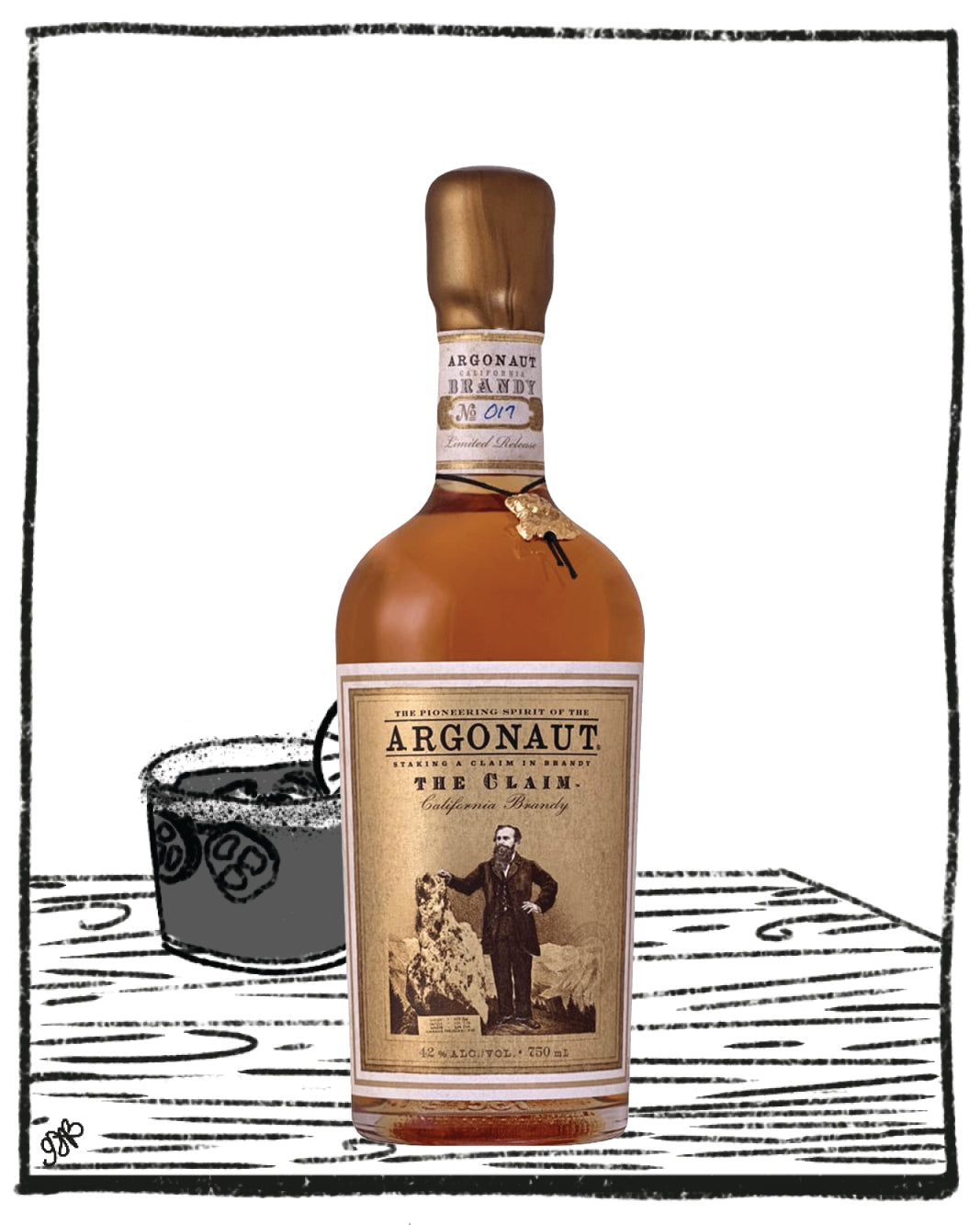 Bottle of Argonaut whiskey with a label featuring a man and dog, on a white background.