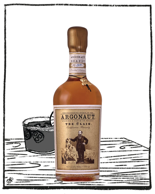 Bottle of Argonaut whiskey with a label featuring a man and dog, on a white background.