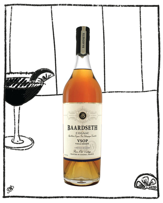 Baardseth Cognac bottle with a black and white illustration of a wine glass in the background