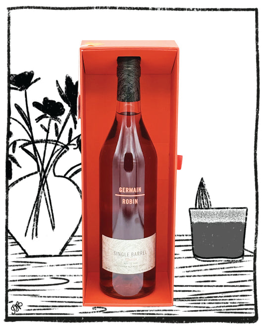 Red wine bottle in a red box with decorative black line art in the background