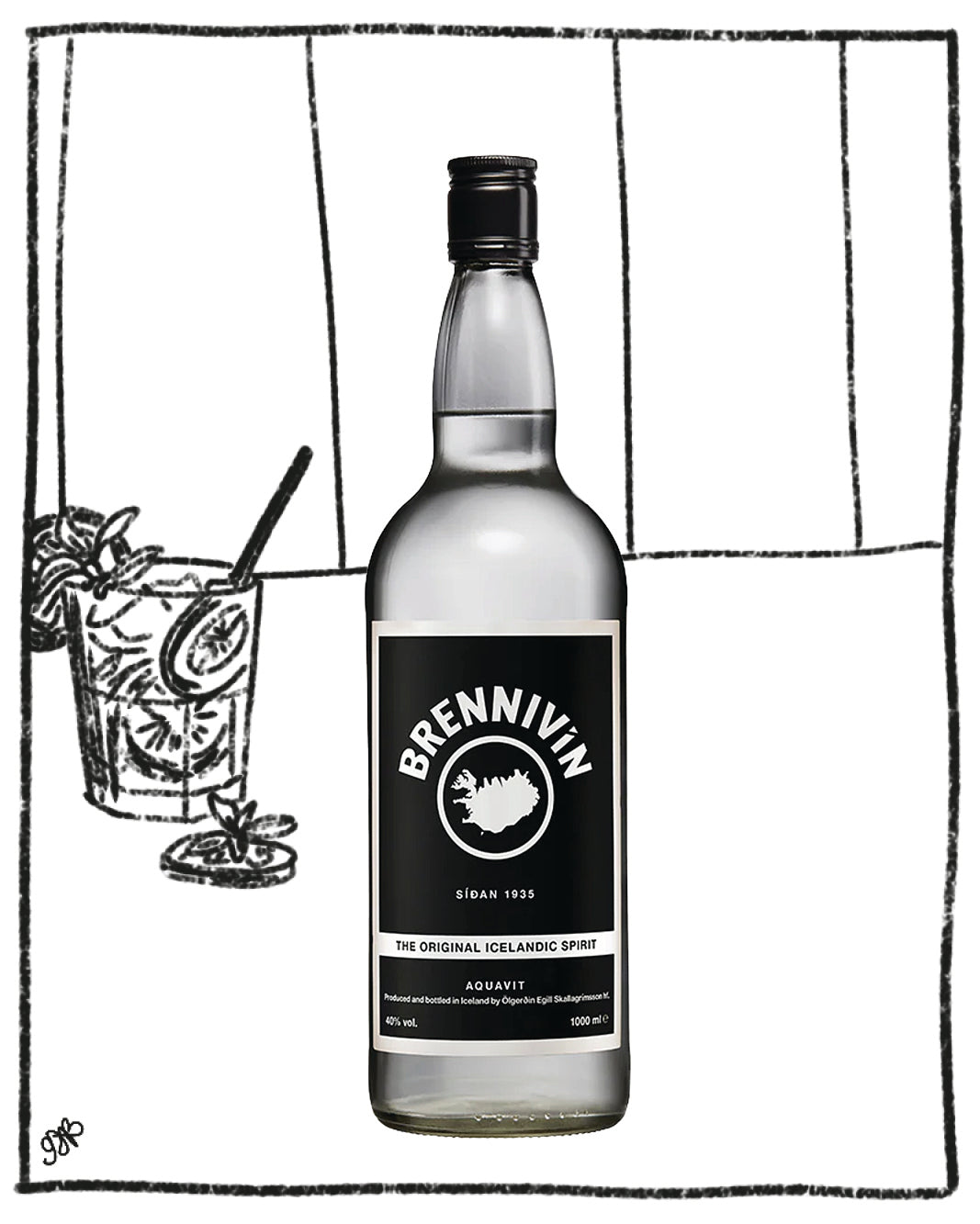 Brennivin bottle with a cocktail illustration on a white background