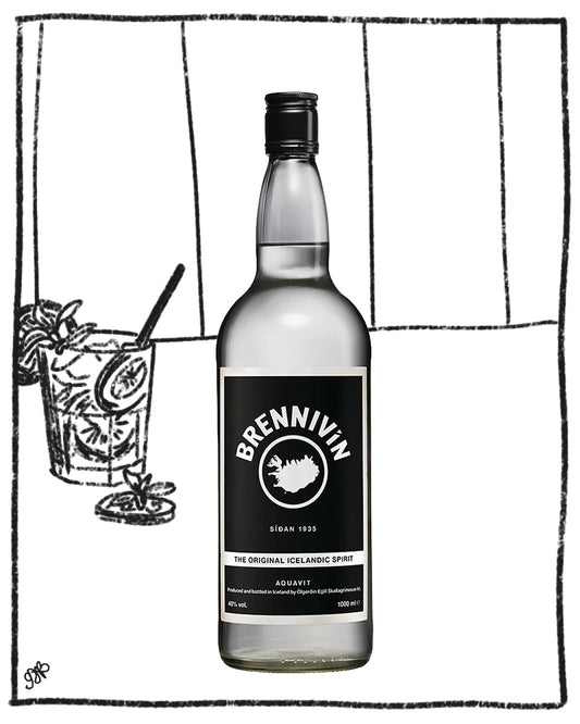 Brennivin bottle with a cocktail illustration on a white background