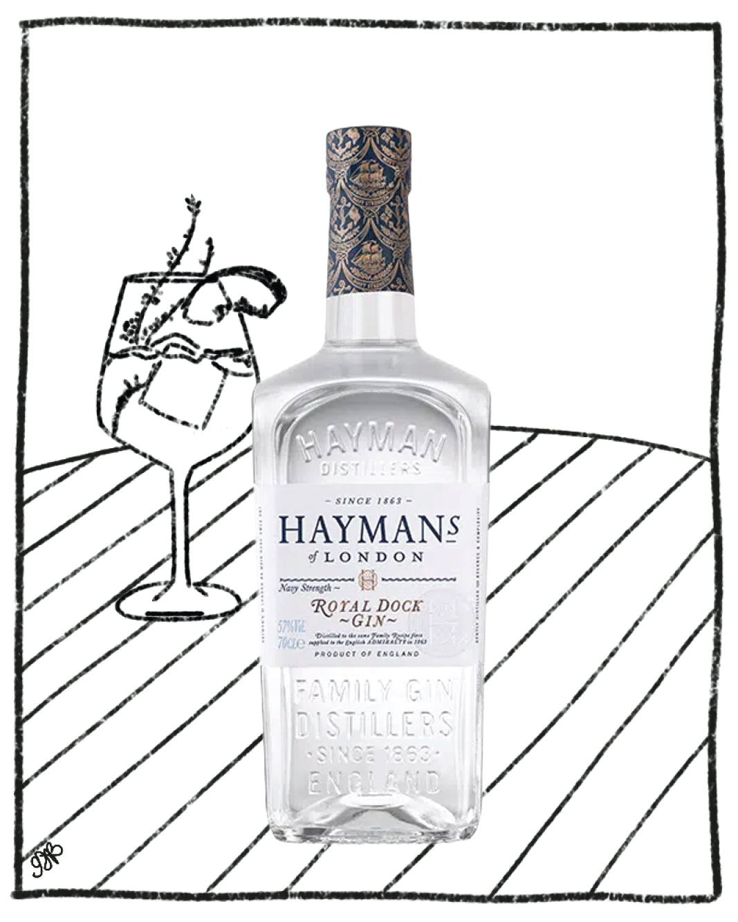 Hayman's London Gin bottle with a glass illustration on a white background