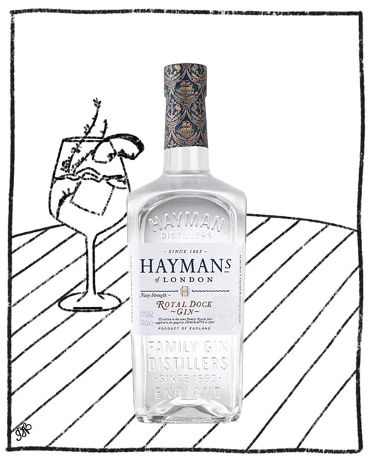 Hayman's London Gin bottle with a glass illustration on a white background