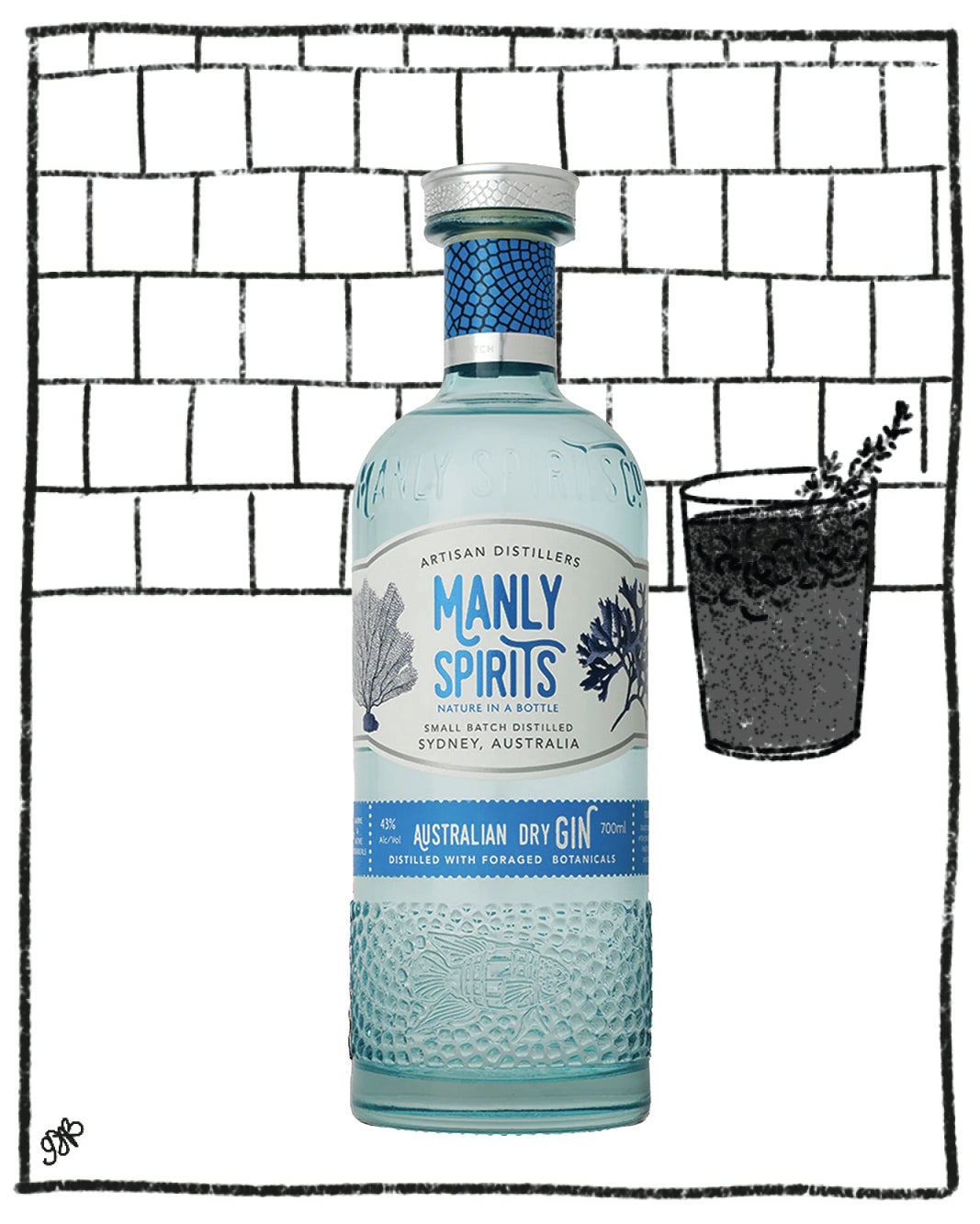 Bottle of Manly Spirits Australian Dry Gin with a glass of dark liquid and garnish on a tiled background
