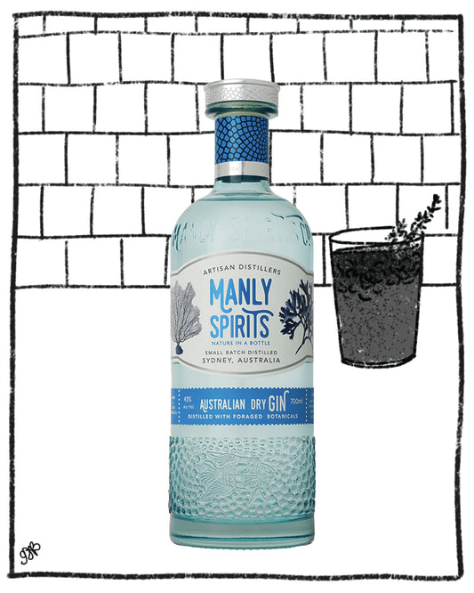 Bottle of Manly Spirits Australian Dry Gin with a glass of dark liquid and garnish on a tiled background