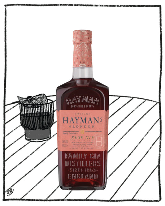 Hayman's gin bottle with pink label on a white background