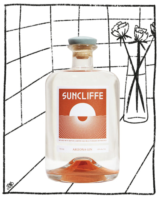 Suncliffe Arizona Gin bottle with a decorative background