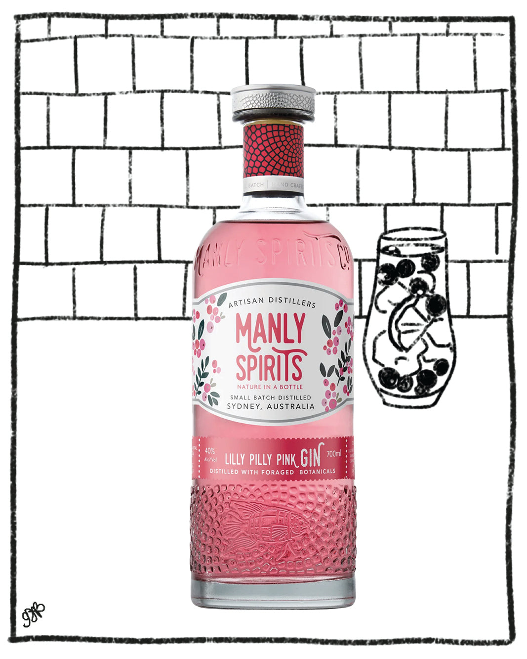 Pink bottle of Manly Spirits Gin with a glass illustration on a tiled background