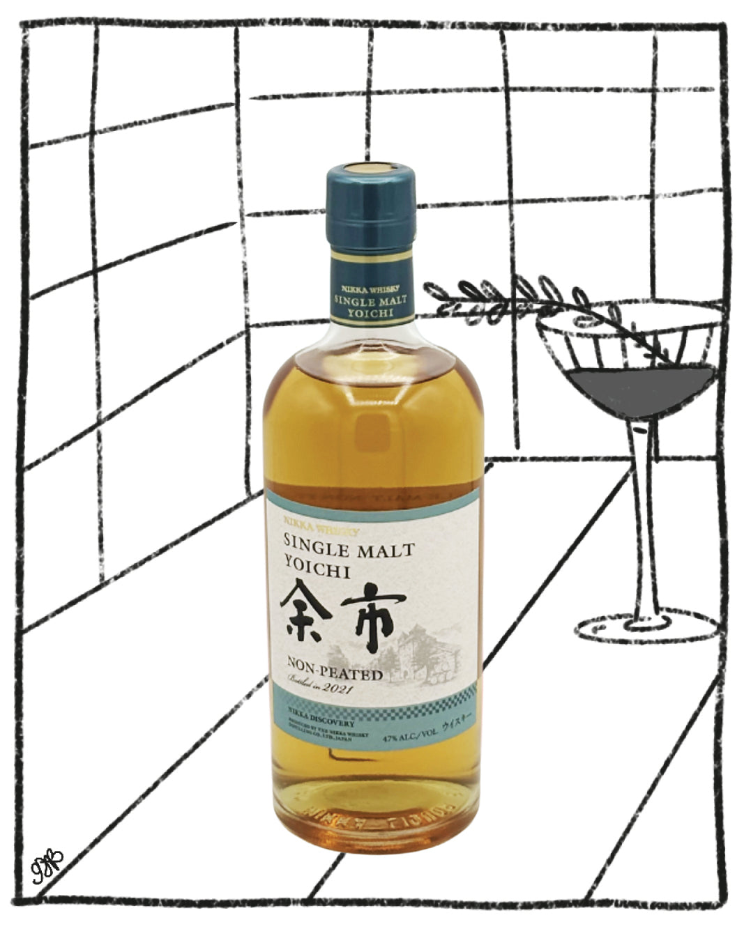 Bottle of Single Malt Whisky with a glass on a black and white grid background