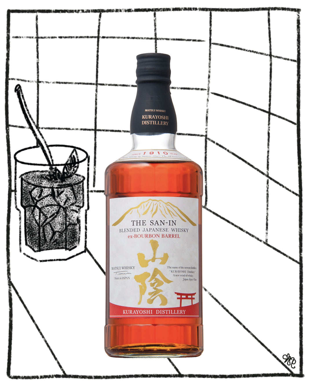 Bottle of The San-In whisky with a cocktail glass on a black and white grid background