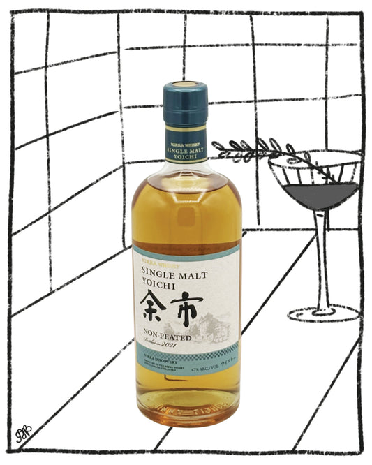 Bottle of Single Malt Whisky with a glass on a black and white grid background