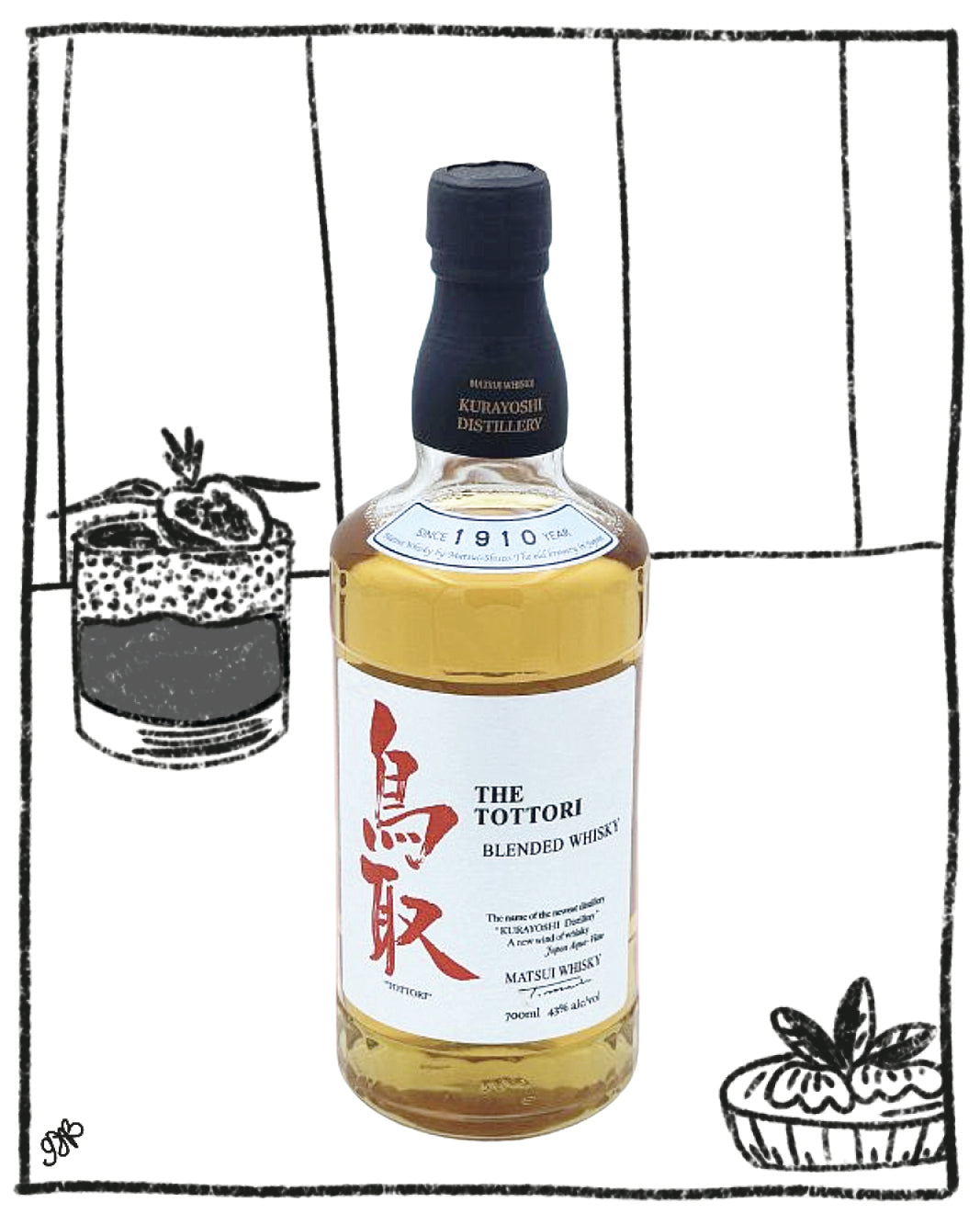 Bottle of The Tottori Blended Whisky with a blue cap on a white background