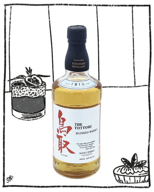 Bottle of The Tottori Blended Whisky with a blue cap on a white background