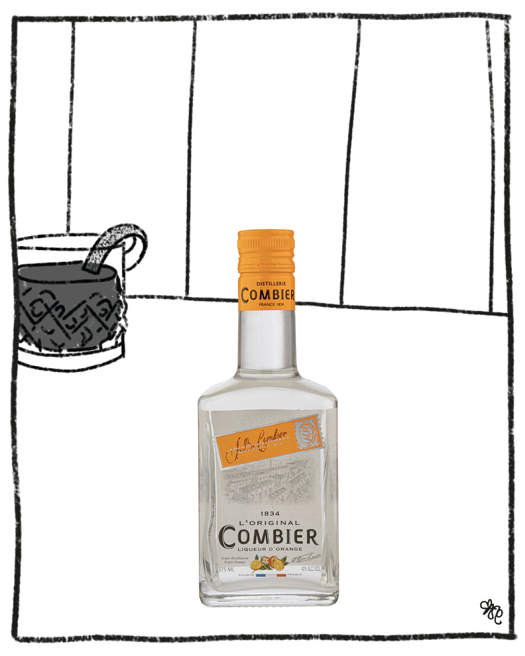 Bottle of CombiÃƒÂ¨r gin with a black and white illustration in the background