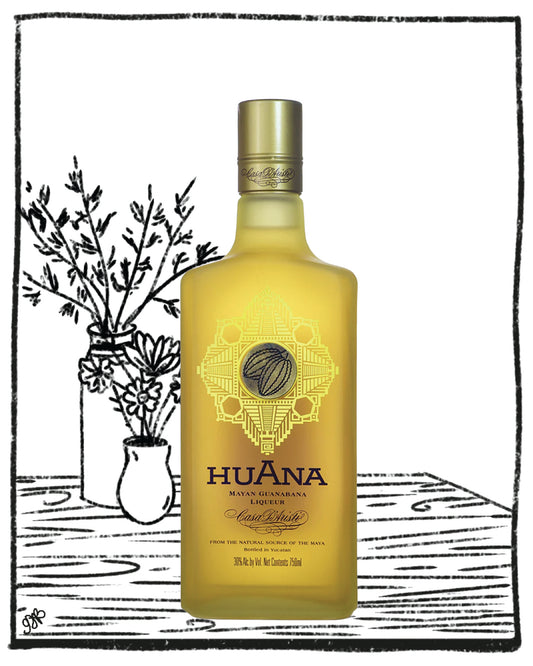 Huana bottle on a white background with decorative elements