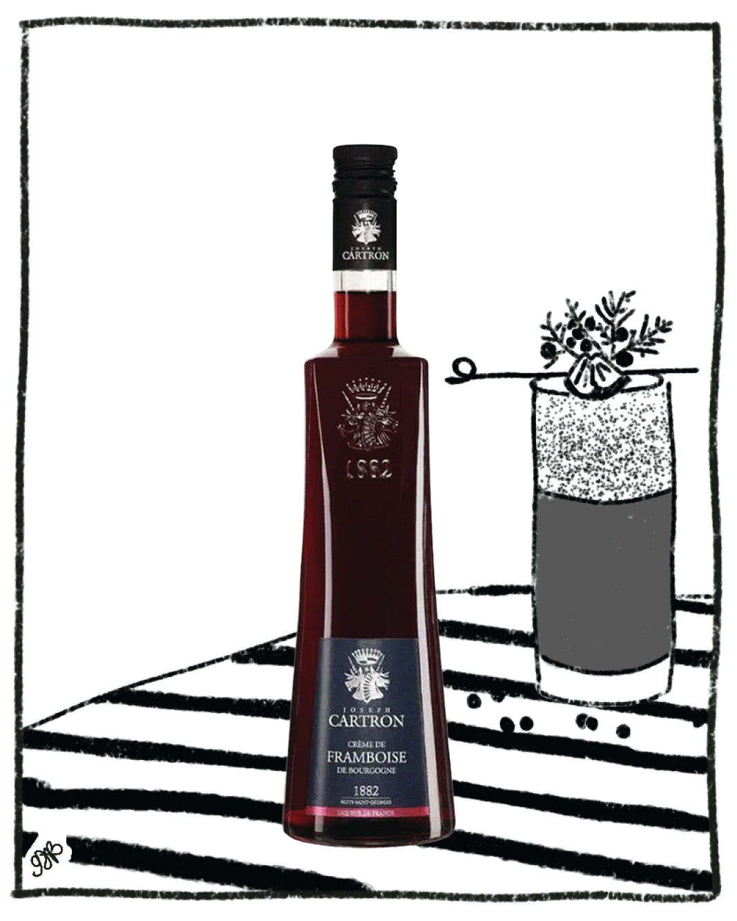 Bottle of Domaine Cartron Framboise liqueur with a glass illustration on a black and white striped background