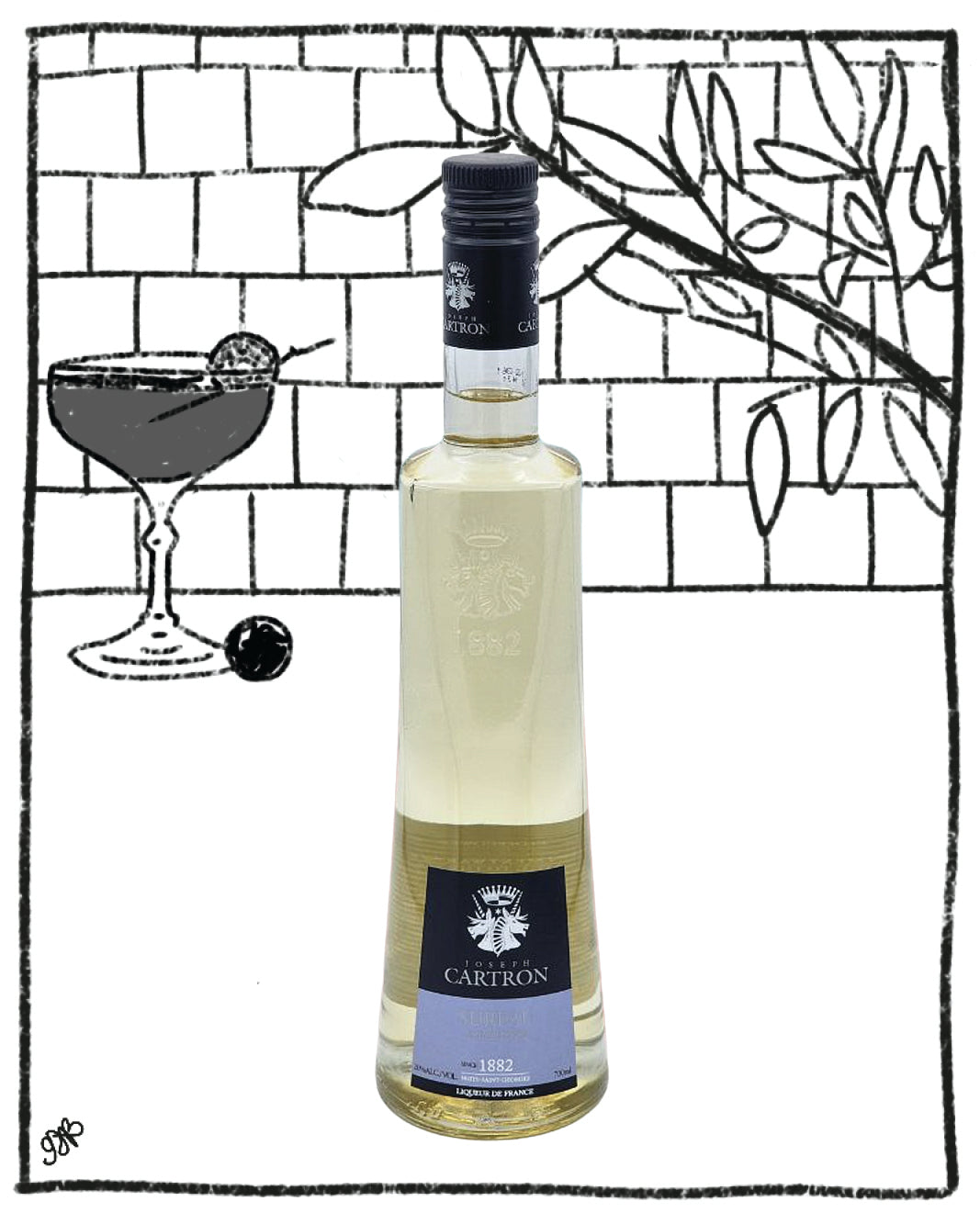 Bottle of Cartron white wine with a stylized illustration of a cocktail and tiles in the background.