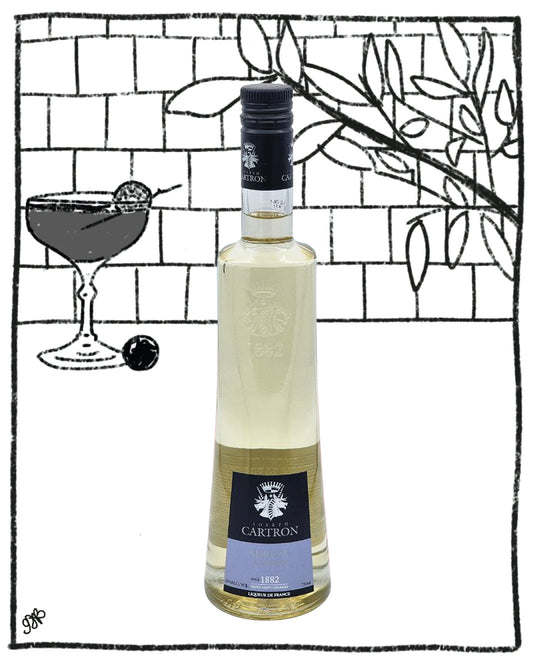 Bottle of Cartron white wine with a stylized illustration of a cocktail and tiles in the background.